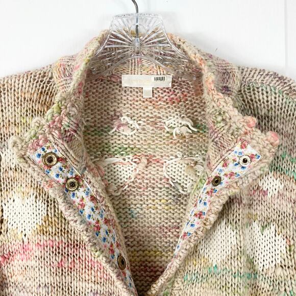 Nwot LOVESHACKFANCY Cardigan M Pink White-Hearts Gold-Snap-Up Wool Cotton Pocket - Picture 10 of 16